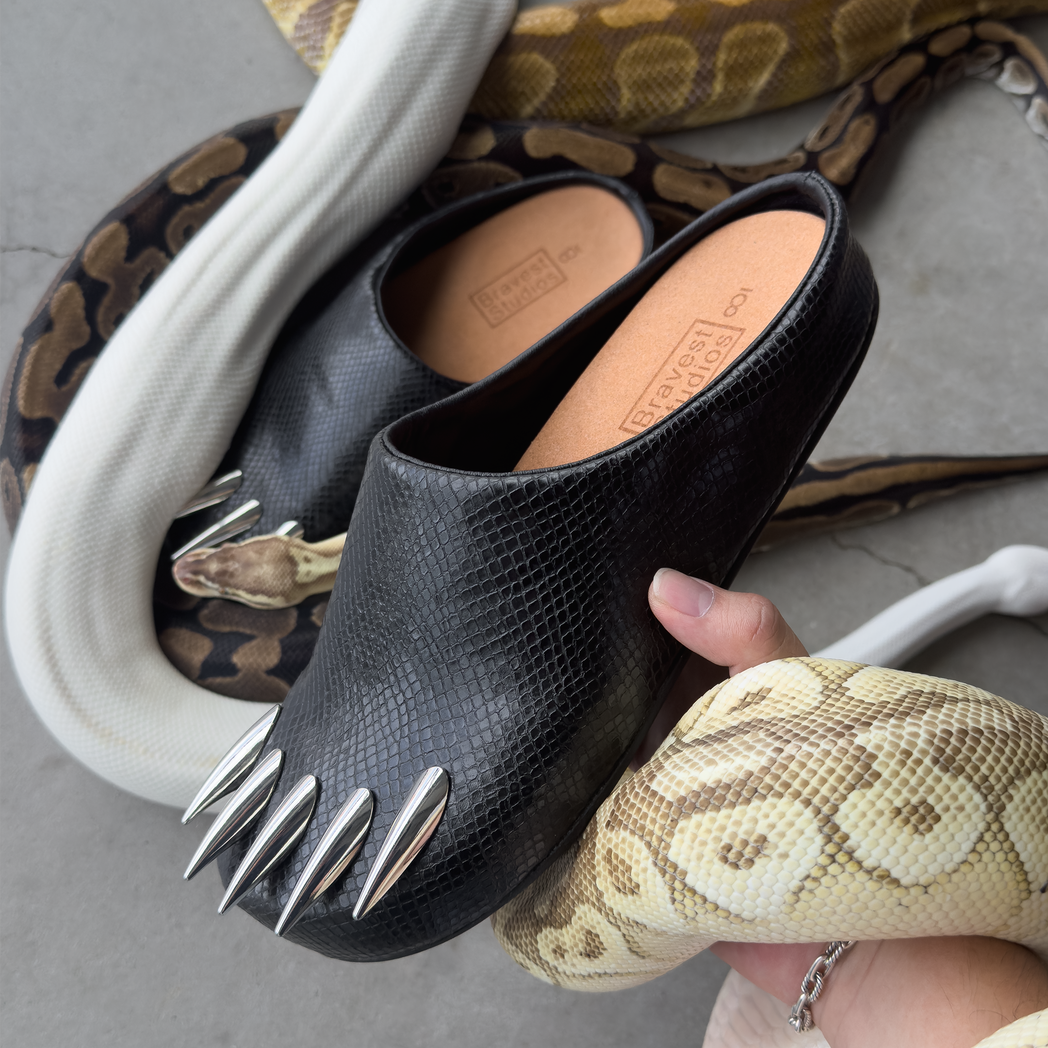 Black Snakeskin Claw Mules – Bravest Studios