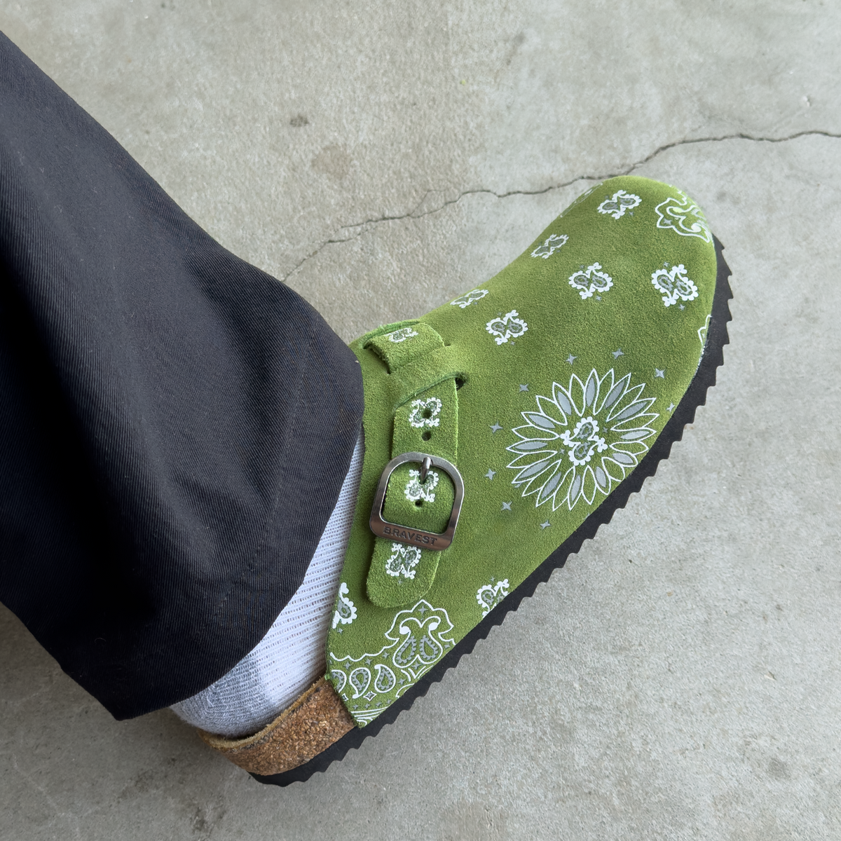 Olive Suede Paisley Clogs