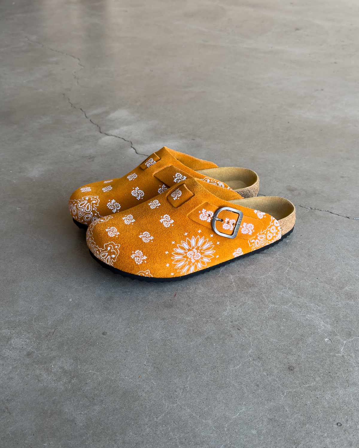 Orange Suede Paisley Clogs