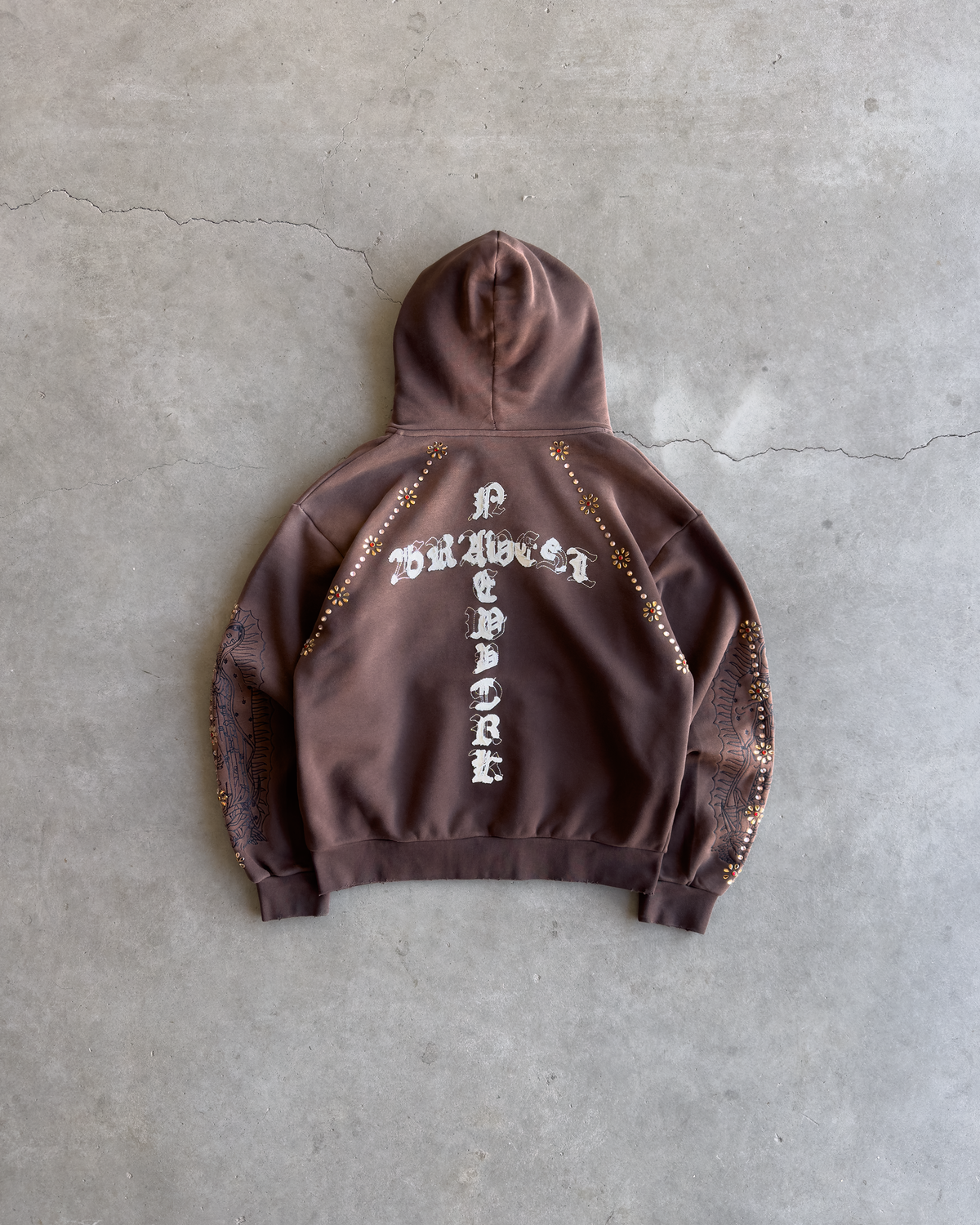 Brown Rosary Rhinestone Zip Hoodie