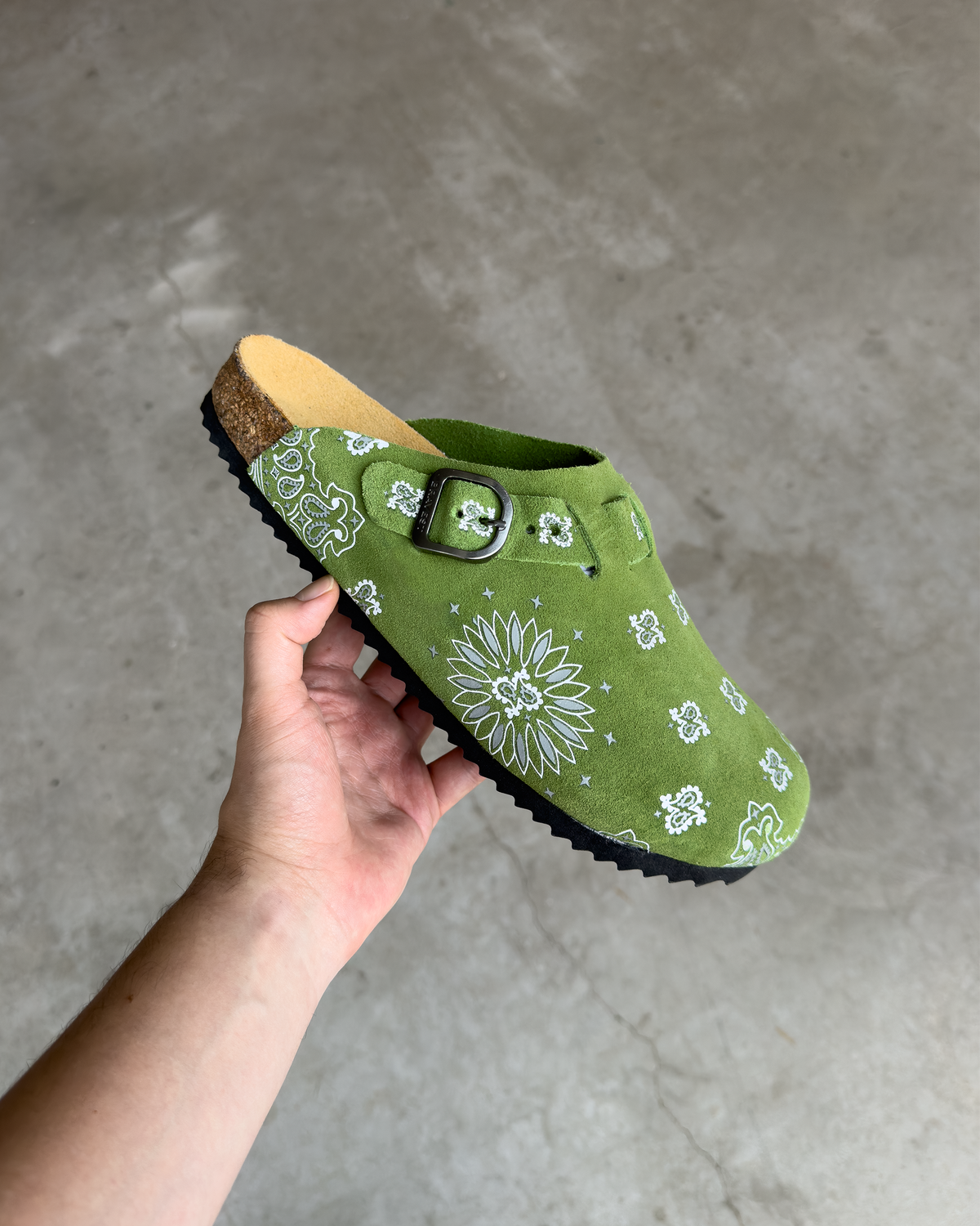 Olive Suede Paisley Clogs