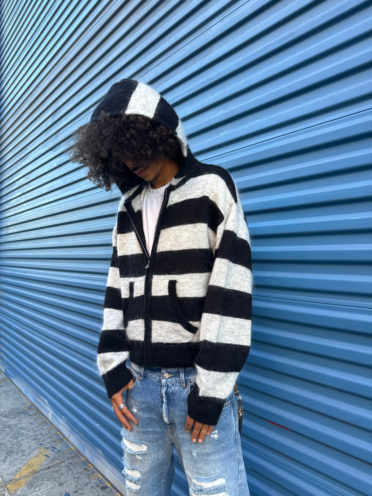 White Knit Zip Up Hoodie