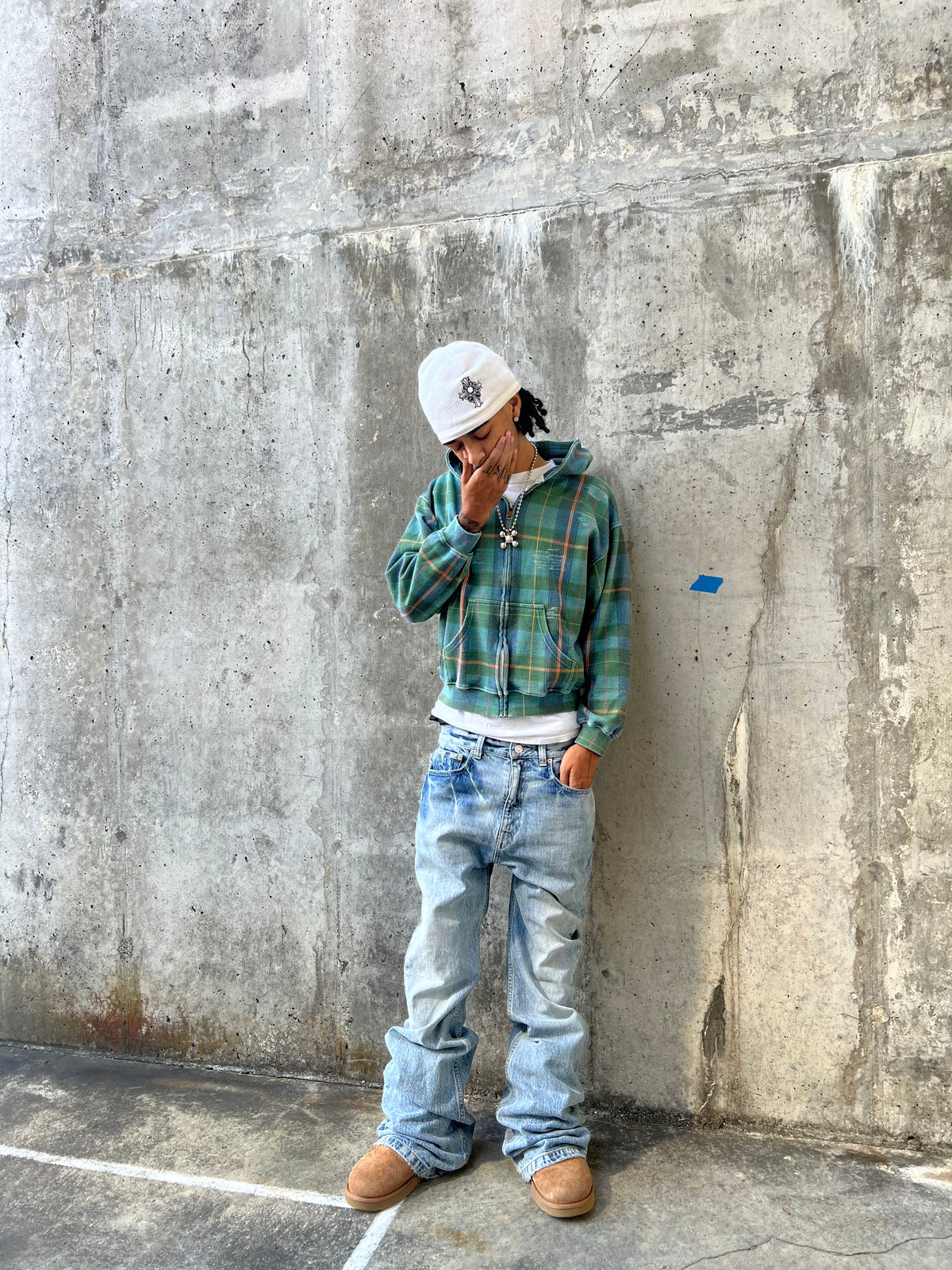 Green Plaid Thermal Zip Hoodie