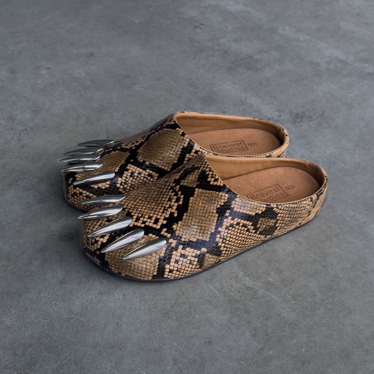 Tan Snakeskin Claw Mules