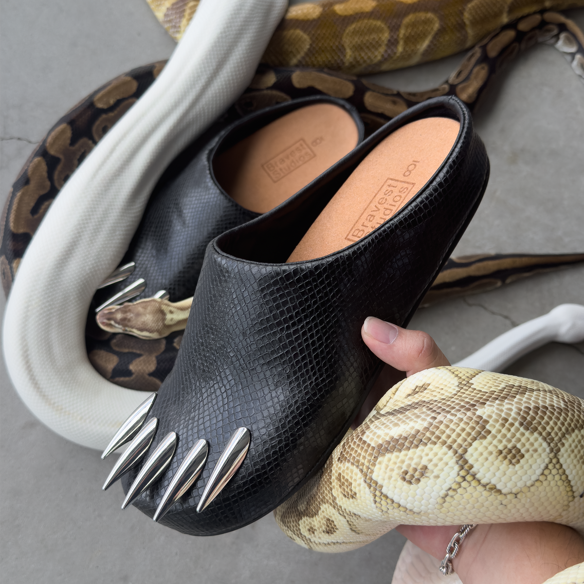 Black Snakeskin Claw Mules