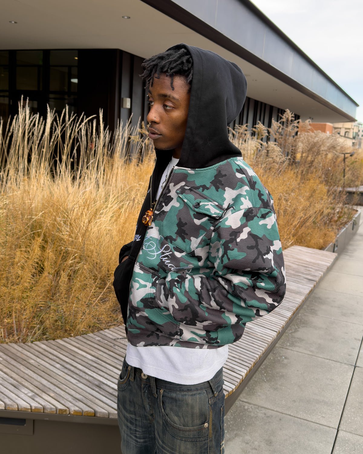 Black Half Camo Zip Up Hoodie
