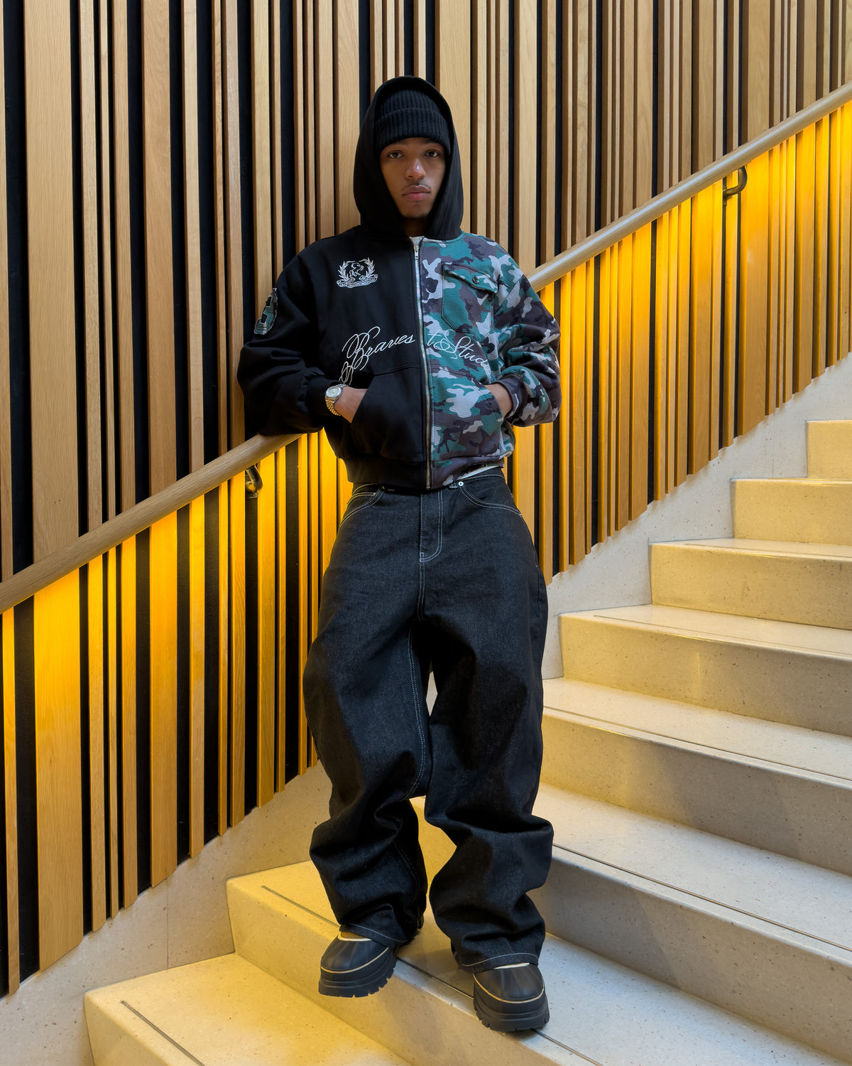 Black Half Camo Zip Up Hoodie