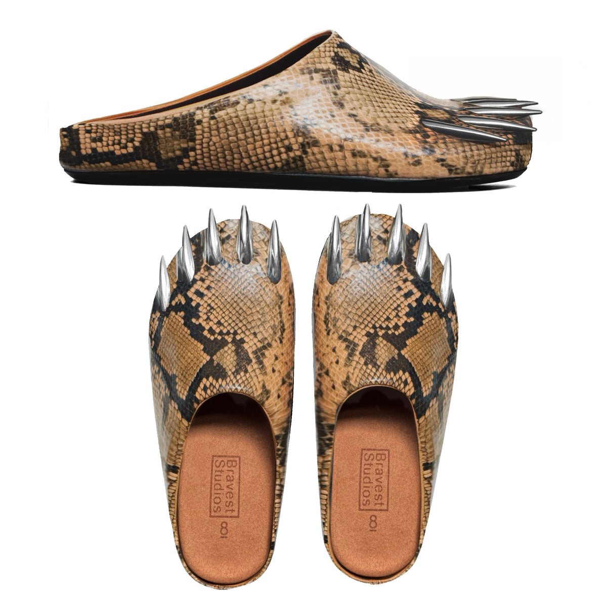 Tan Snakeskin Claw Mules