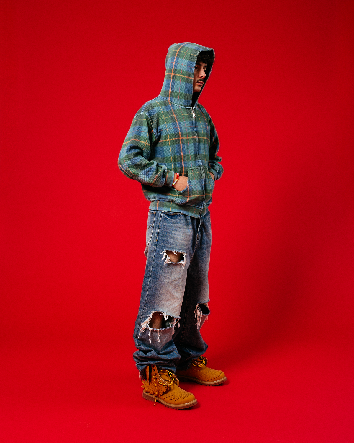 Green Plaid Thermal Zip Hoodie