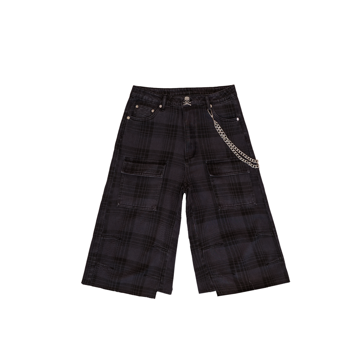 Black Plaid Baggy Cargo Shorts w/ Chain