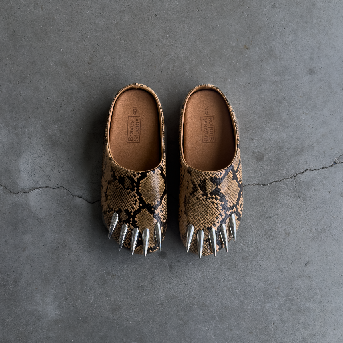 Tan Snakeskin Claw Mules