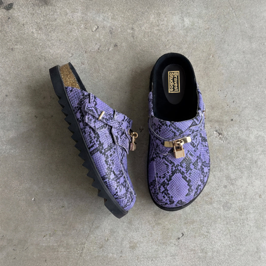 Purple Snakeskin Bag Clogs