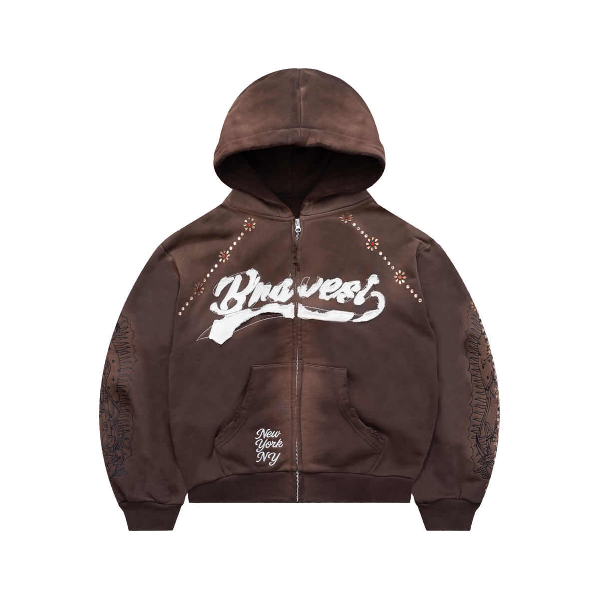 Brown Rosary Rhinestone Zip Hoodie