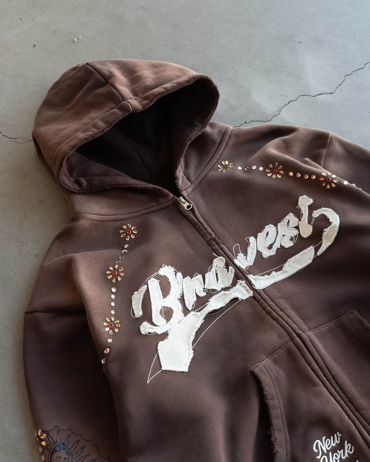 Brown Rosary Rhinestone Zip Hoodie