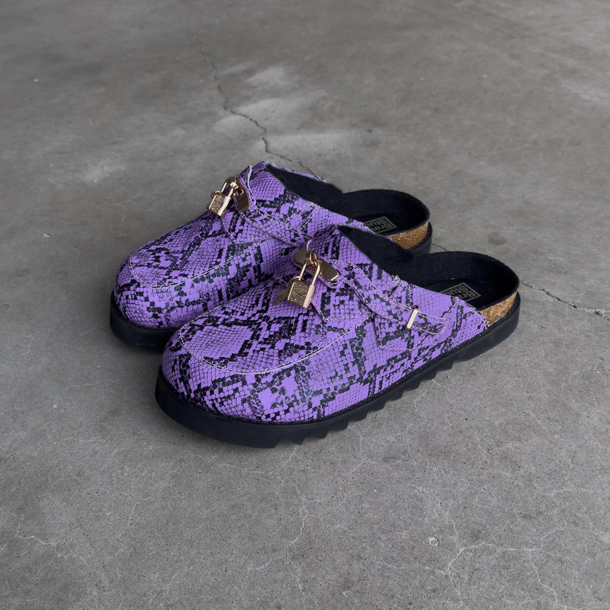 Purple Snakeskin Bag Clogs